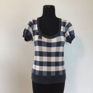 H&M Checked Short Sleeve Blue and White Knit Top, 4